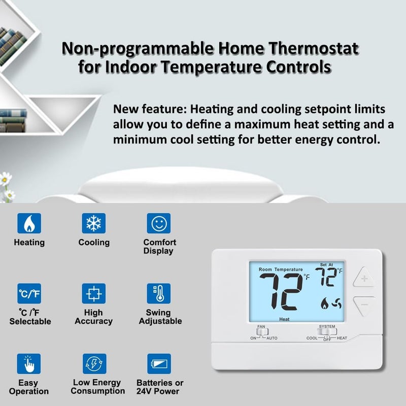 Miuputake Thermostat for Home Non-Programmable Single-Stage Systems,1 Heat / 1 Cool,Easy DIY,White Backlight - Image 2